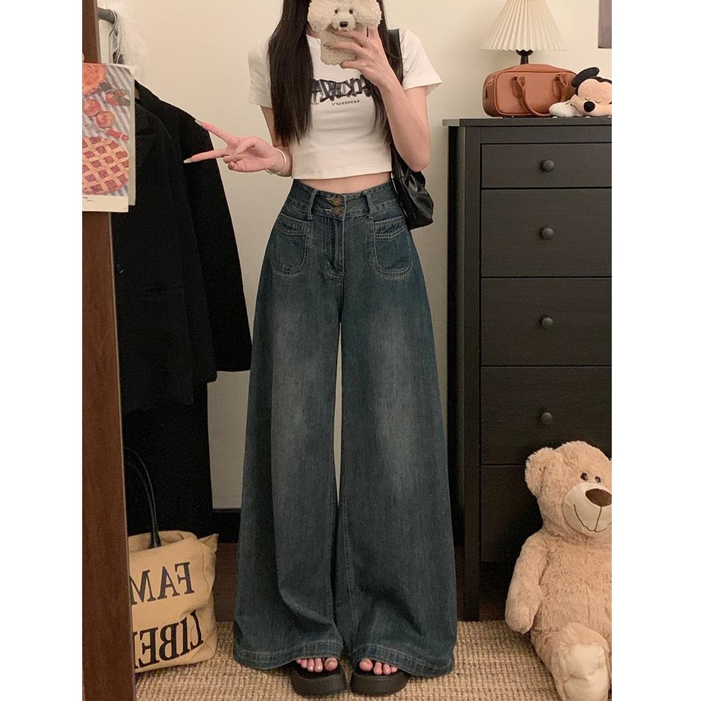 American retro design wide-leg jeans women's summer high-waisted large-size loose and thin floor-mopping straight-leg pants
