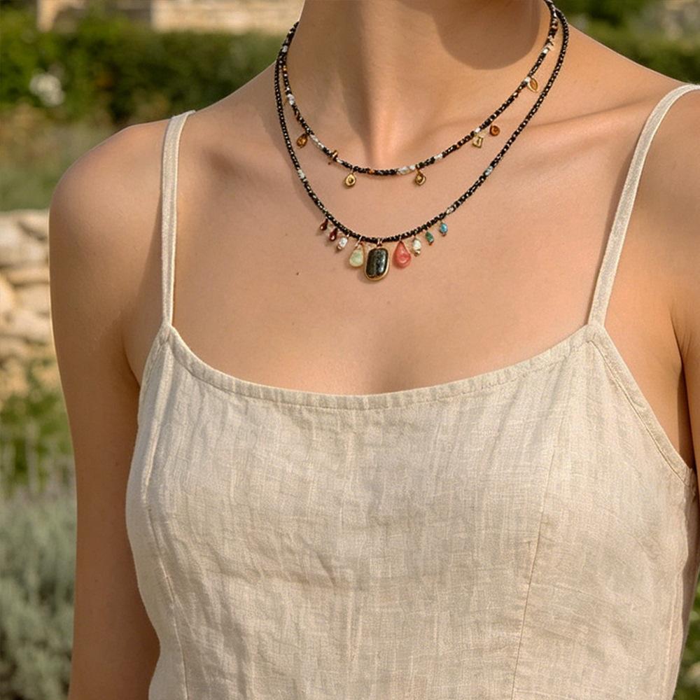 Slack Natural Yellow Iron Ore Beaded Necklace Light Luxury Niche Design Stacked Wear Multi Pendant Stone Collarbone Chain Women