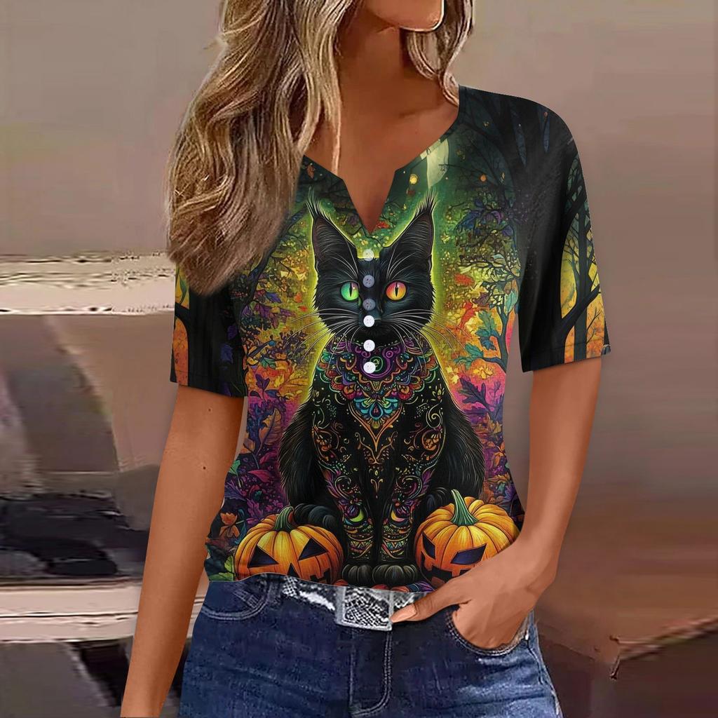 Dames T-skjorte Tee Halloween Trykket Knapp Kortermet Tunika Daglig Helgemote Basic V-hals Vanlig Topp