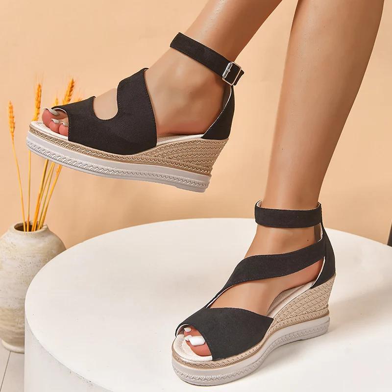 Fashion Peep Toe Platform Wedge Sandals for Women Black Ankle Strap Hollow Out Gladiator Sandals Woman Summer Thick Bottom Beach Shoes