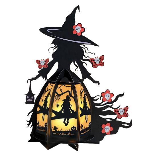 Halloween Witch Lantern 3D Spooky Lantern Light-up Table Centerpiece Gothic Bat Skull Witch Lamp for Home Mantel Entryway Tabletop Decoration