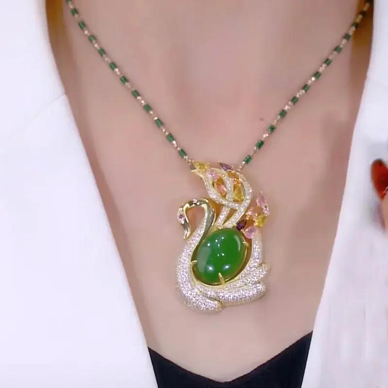 New Natural Green Jasper Water Drop Pendant Necklace Exquisite Fashion Shining Rhinestone Beaded Necklace Women's Party Jewelry