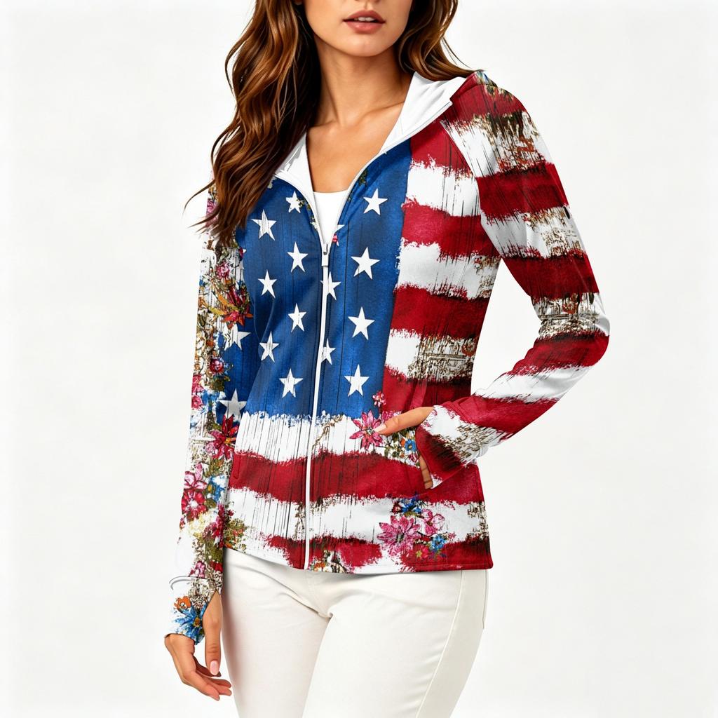 Women's Fashion Zip Up Hoodie Lightweight Long Sleeve Hooded Jacket with Pockets Printed Design Sun Protection Outerwear for Casual Wear