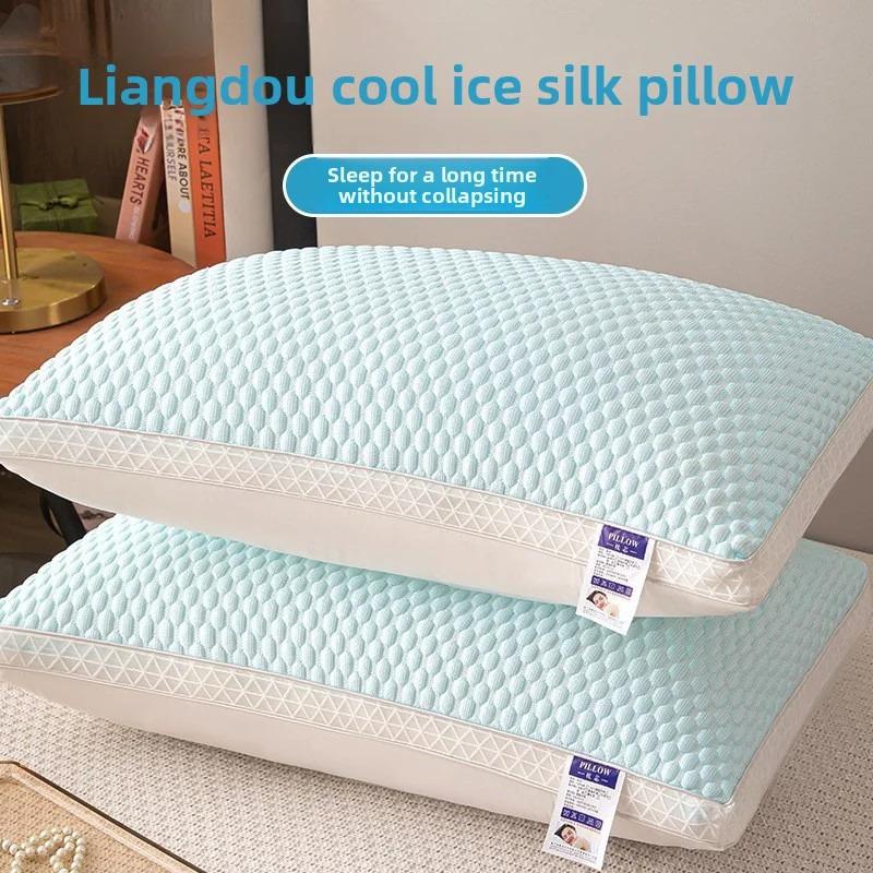 2025 New 1PC Summer Cooling Ice Silk Pillow Breathable Mesh Edges 3D Ergonomic Cervical Support Pillow Core for Home Hotel