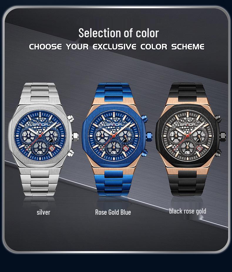 Sanda Men's Skeleton Steel Band Wristwatch with Six-Hand Calendar - Stylish & Waterproof