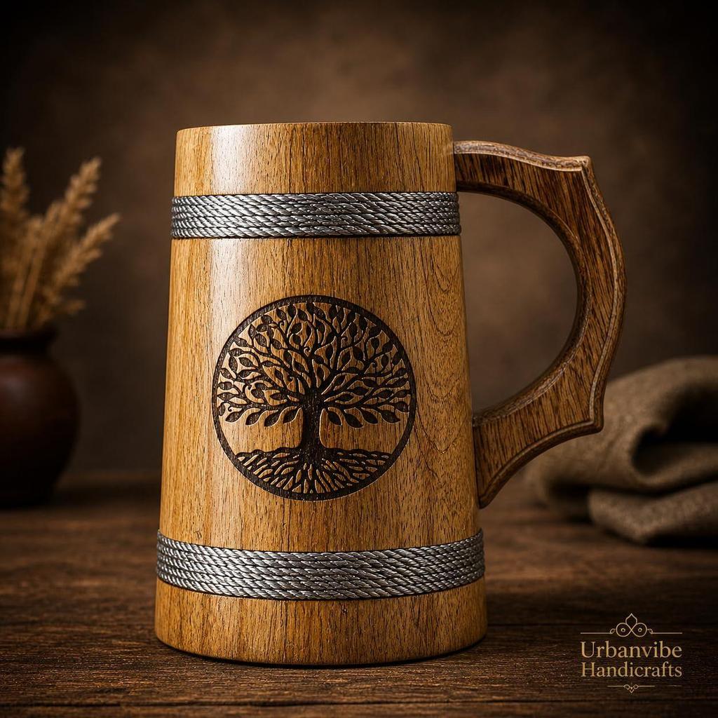Handmade Wooden Beer Mug, Wood with Sheesham Finish, Barrel Style, Lightweight & Durable, for Craft Beer, Home Bar, Café, Party, Gift(350ml)