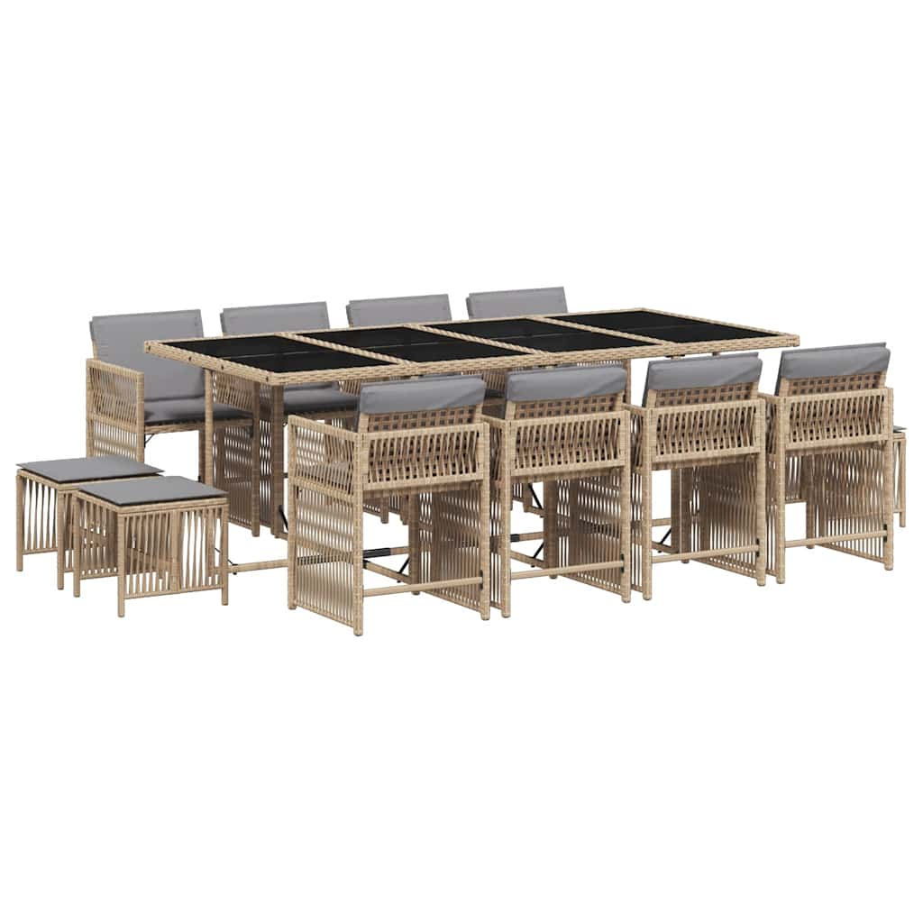 13 Piece Garden Dining Set with Cushions Beige Mix Poly Rattan