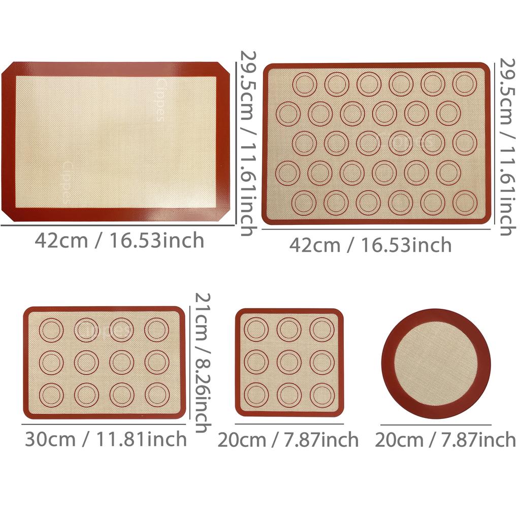5PCS Silicone Baking Mat Set, Non-Stick, Reusable, Heat-Resistant, for Oven, Air Fryer, Baking Cookies, Macaron, Bread, Pastry
