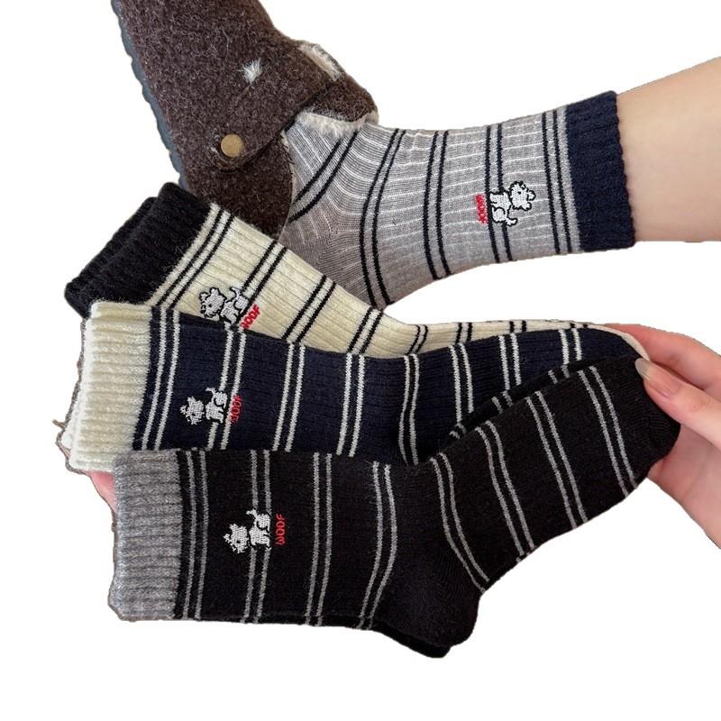 Socks Women Thickened Striped Embroidery Versatile College Stacks Socks Socks Winter