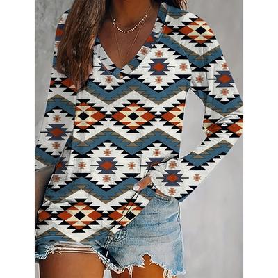 Camisetas Femininas Fashion com Estampa Geométrica Camisas Casuais de Manga Longa com Decote V Tops Camisa Básica Feminina