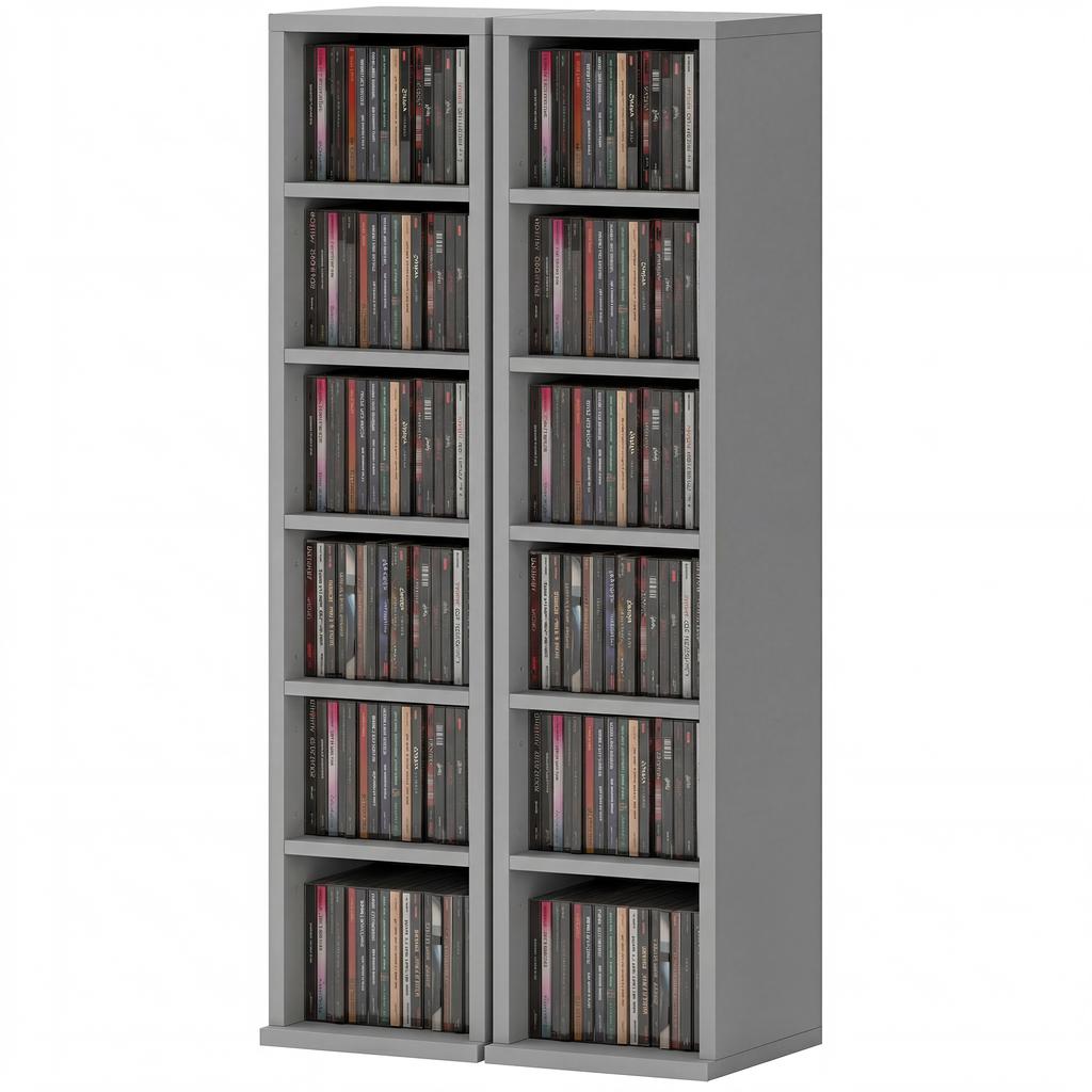 Set of 2 CD Media Display Shelf Unit Tower Rack with Adjustable Shelves, Light Grey