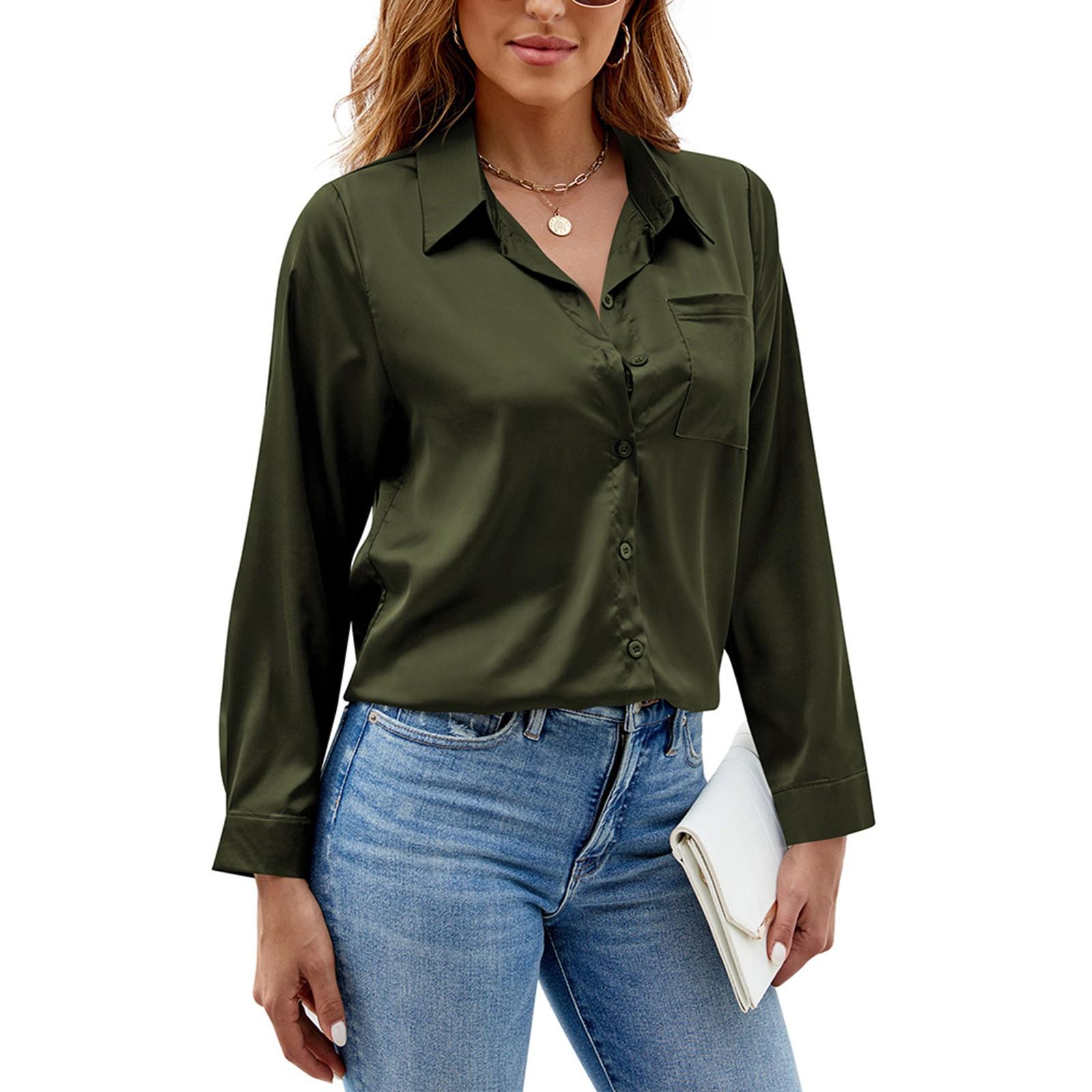 

Женская модная однотонная атласная рубашка с длинными рукавами и карманами на пуговицах L армия зеленый