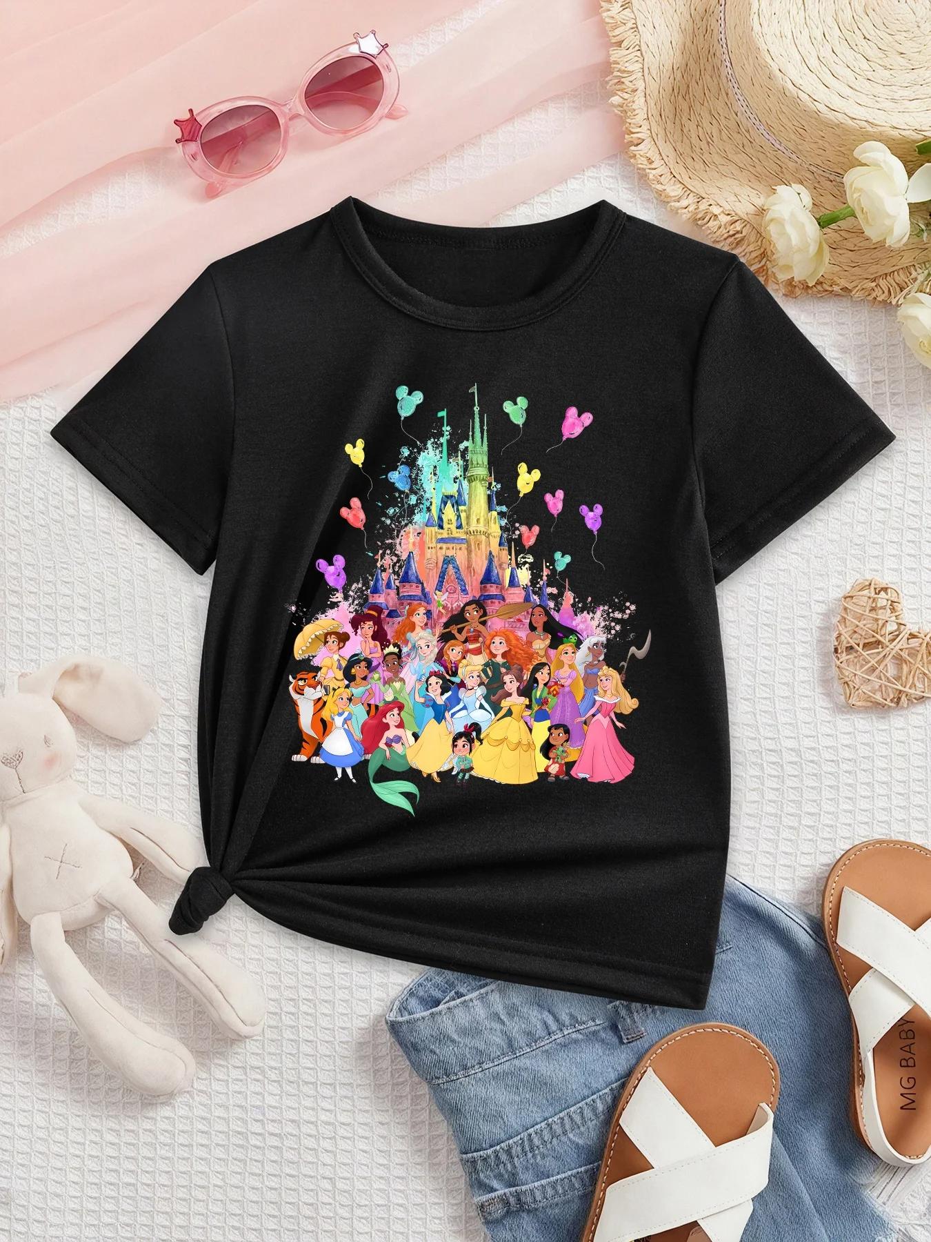 Cute Rainbow Castle Cartoon Princess Kids TShirt Round Neck Casual Summer Childrens Clothing 100