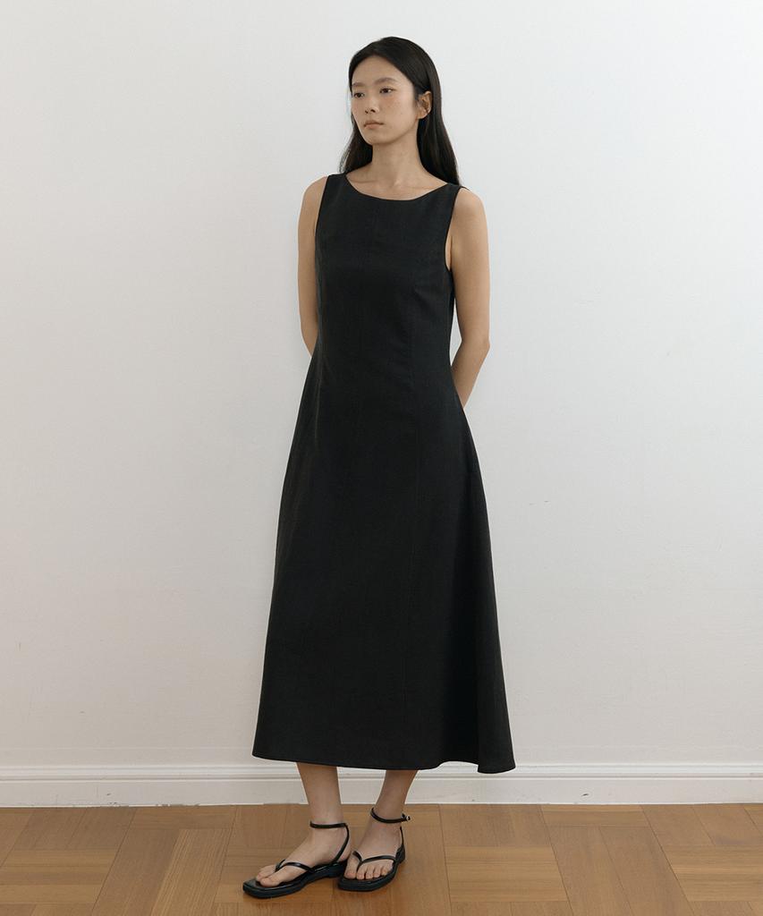 Lingseoul Linen Sleeveless Boat Neck Long Flare Dress-Black