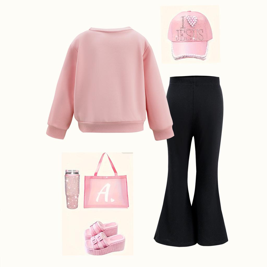 Dívčí soupravy Podzim a zima Dětský růžový pulovr, Top s potiskem pěticípé hvězdy, Černé mírně rozšířené kalhoty set