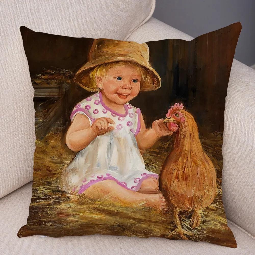 Cute Cartoon Children Cushion Cover Decor Harajuku Oil Painting Lady Pillowcase for Sofa Home Soft Plush Throw Pillow Case
