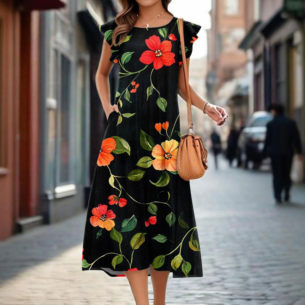 Women's One-piece Short Sleeve Flared Sleeve Loose Casual Floral Print Round Neck Dress
