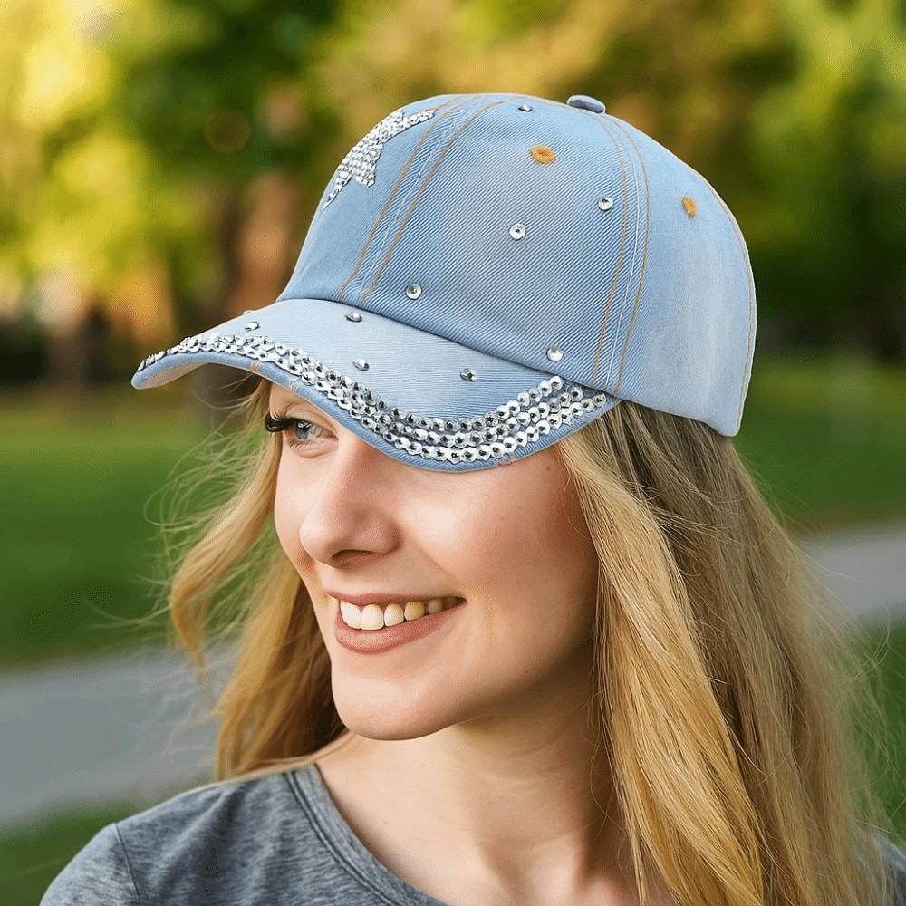 Fashion Shiny Denim Baseball Cap Y2K Adjustable Hip Hop Snapback Rhinestone Star Peaked Hat Women