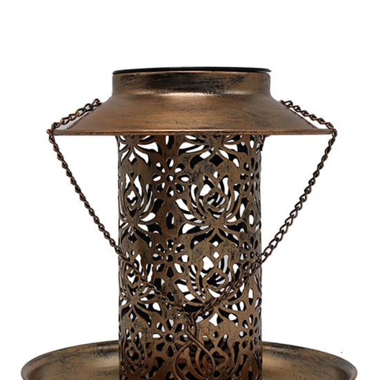 Alimentador de pássaros suspenso ao ar livre com luz solar, padrão oco, design à prova d'água, anti-ferrugem, suporte de comida de beija-flor, lanterna de jardim