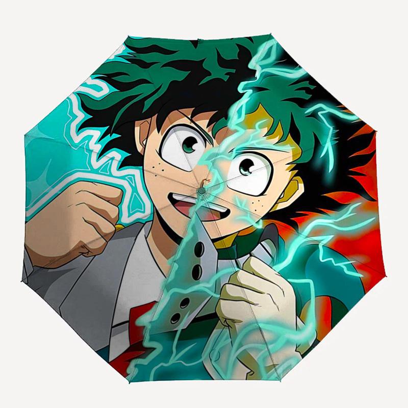 1pc My Hero Academia Anime Theme Automatic Opening Folding Umbrella with Lightning Print - Portable 3-Fold Design, 8-Bone Iron Frame Outdoor Umbrella