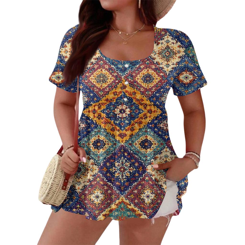 Women's Fashionable Casual Short Sleeve Loose Fit Button Front Printed Blouse