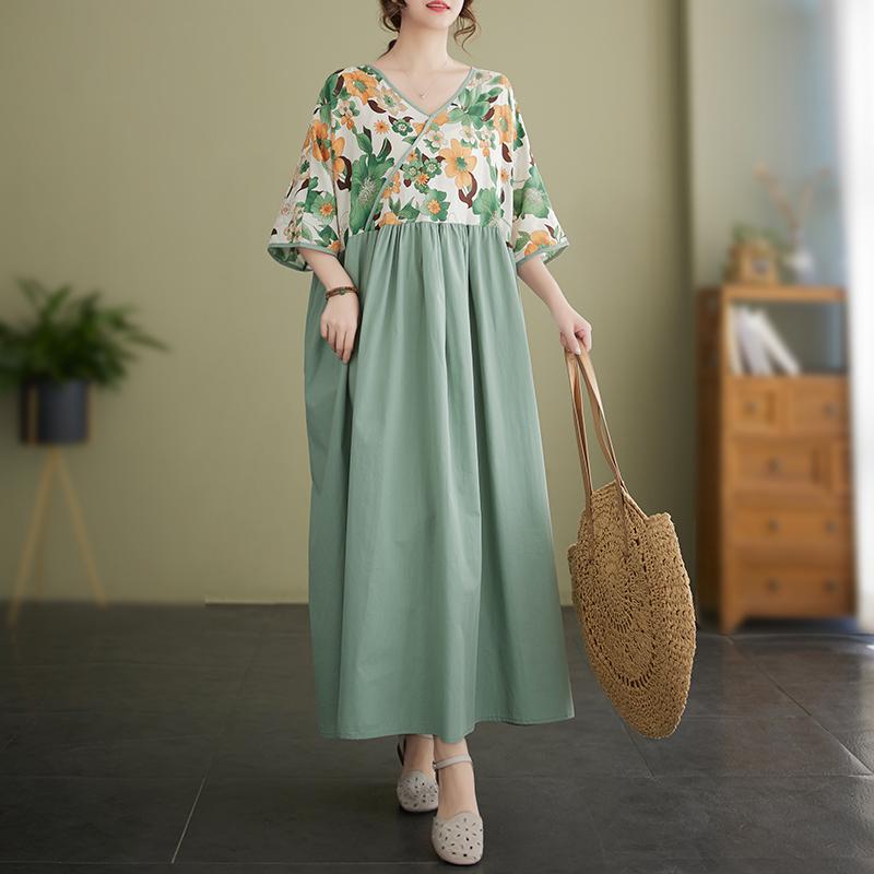 DIMANAF 2024 Plus rozmiar letnia sukienka damska patchworkowy nadruk luźna sukienka Vintage sukienki na co dzień dekolt w serek kobieta