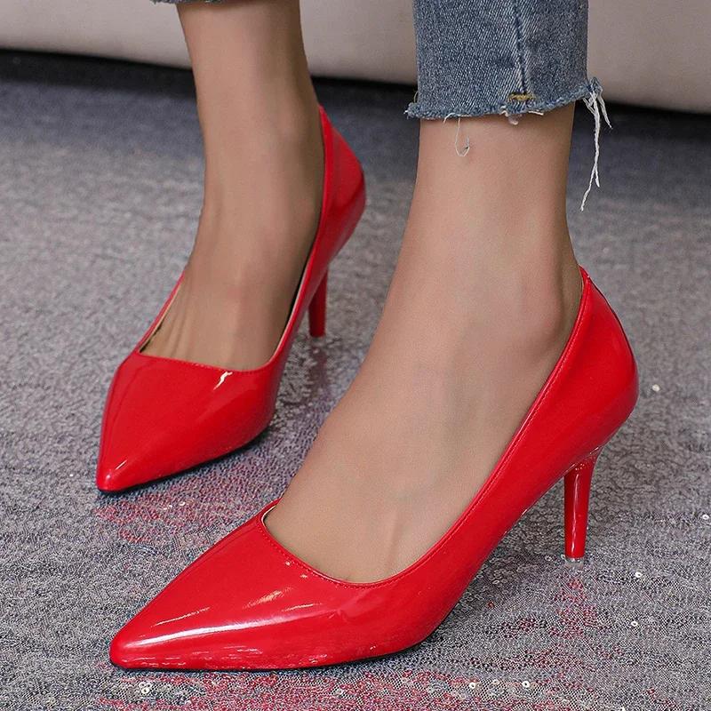 Fashion Red High Heels for Women's Sexy Fine Heel Pumps Fashion Party Plus Size 43 Pointed Toe Wed Shoes Patent Leather Dress High Heels