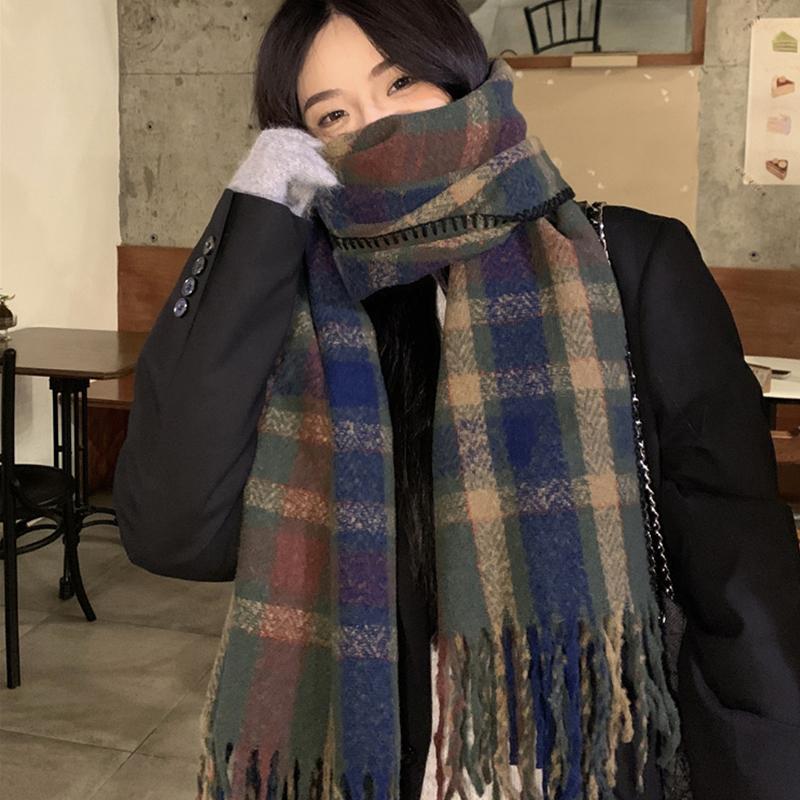 Knitted Retro Scarf Headscarf Winter Women Men Preppy Plaid Tassel Warm Scarve Pashmina Mujer Femme Male Long Wrap Shawl Unisex