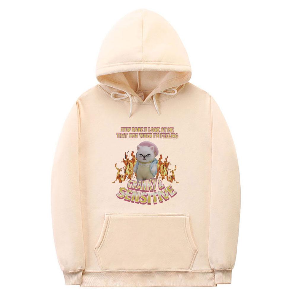 How Dare U Look At Me That Way When I'm Feeling Cranky Sensitive Kawaii Cat Funny Meme Hoodie Unisex Casual Cotton Pullover
