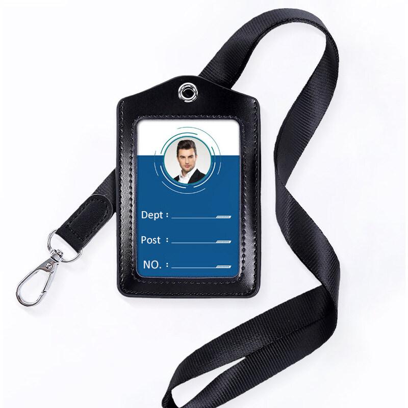 Formal Business ID Badge Holder Durable Real Leather Work Chest Card Pouch with Lanyard Simple Classic Black Stationery