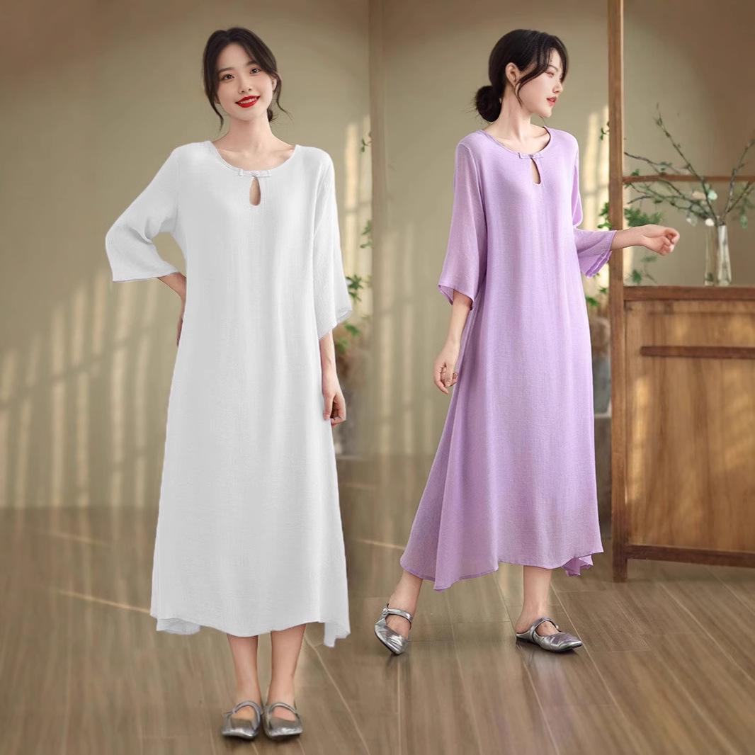 

Retro Zen Style Slimming Long Dress with Chinese Inspired Design M фиолетовый