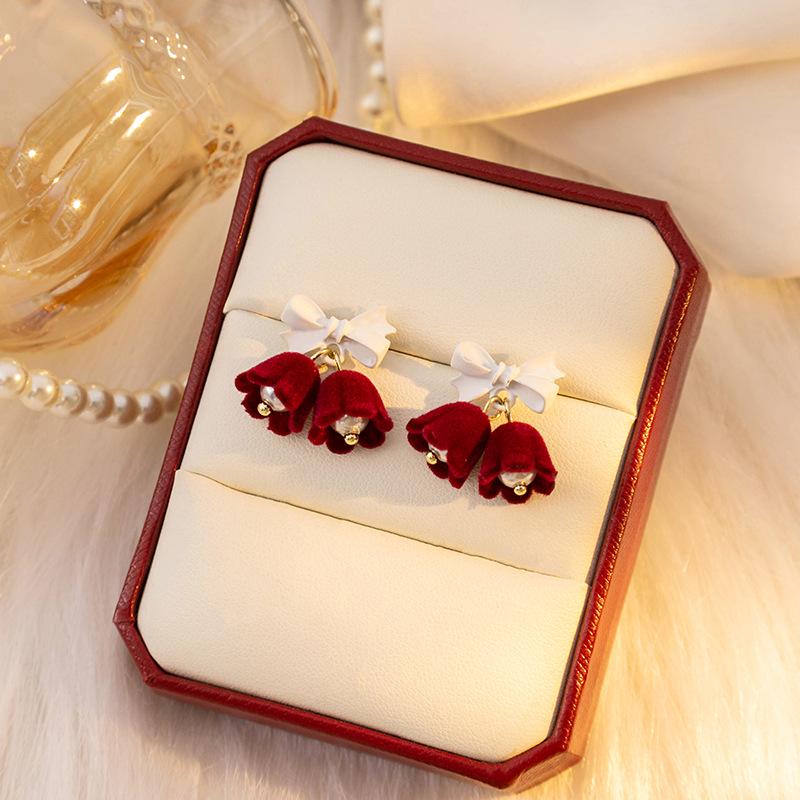Silbernadel Herbst/Winter Rote Schleife Perle & Rose Kette Ohrringe