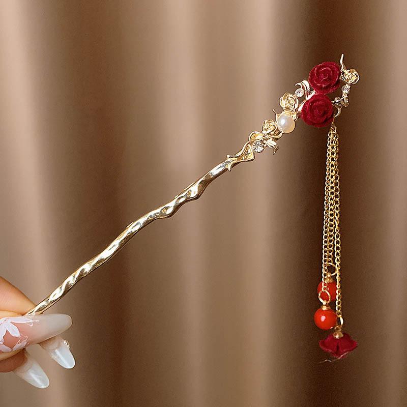 Haarnadel mit roter Blume und Quaste im chinesischen Stil für Damen
