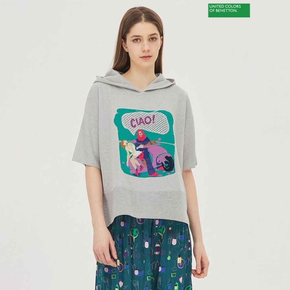 

Benetton вышитый капюшон с коротким рукавом трикотаж Bakpc1511 GR_gray/OS