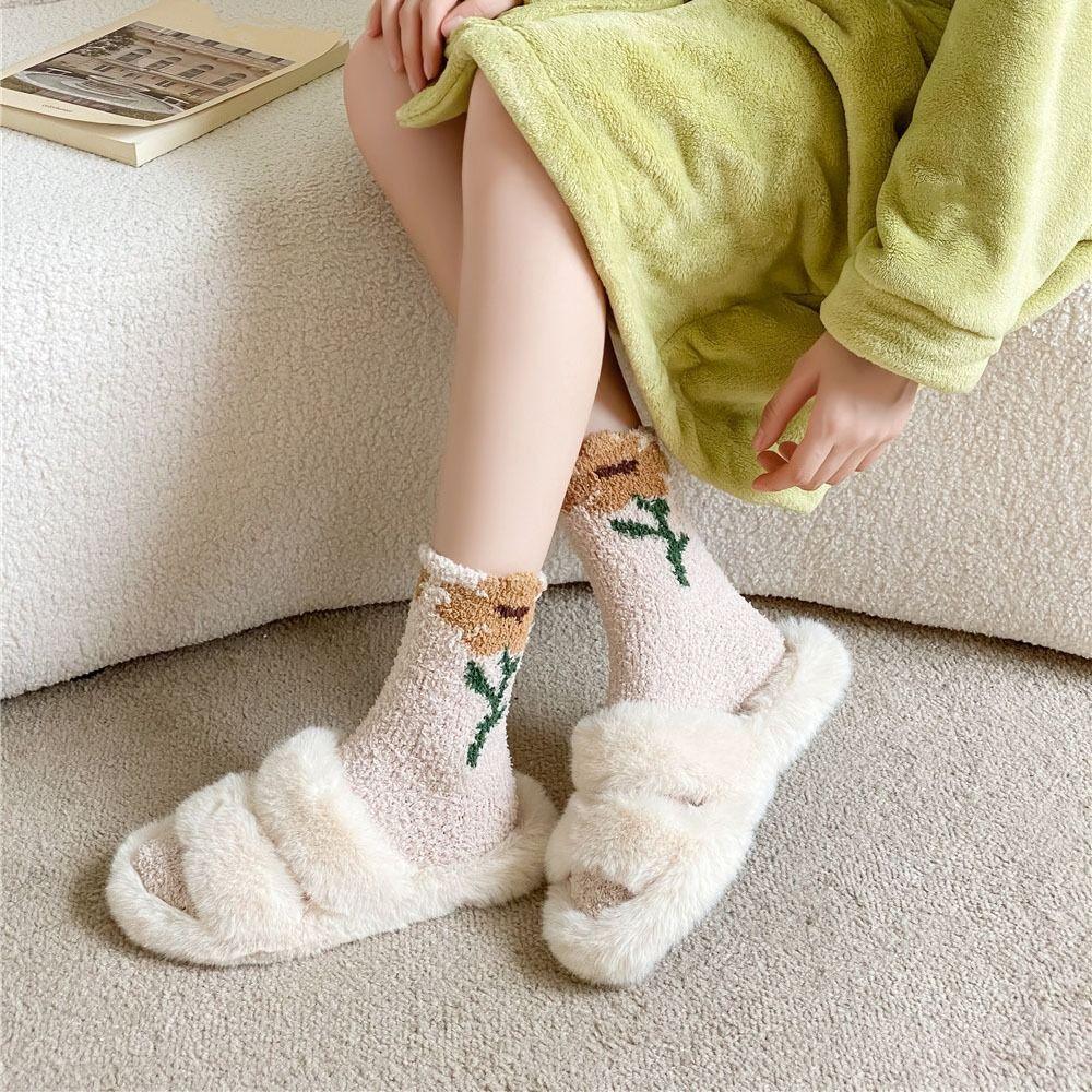 6Pairs Thickened Coral Fleece Socks Flower Warm Socks Women Sweet Floor Plush Socks  Autumn
