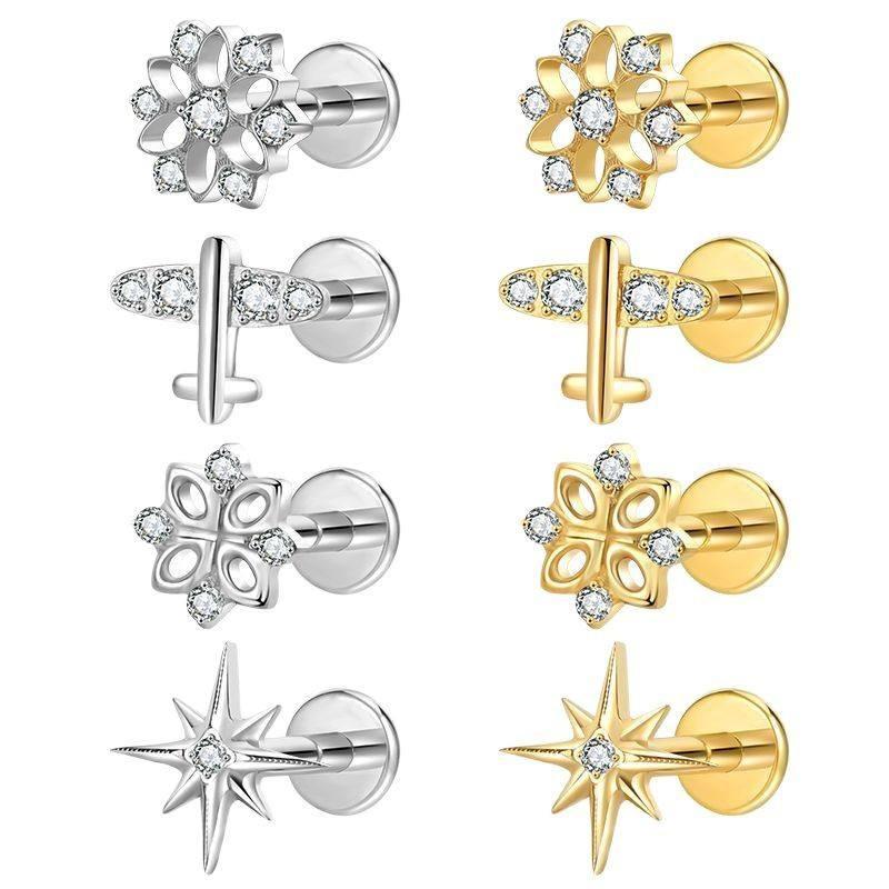 Hot Simple Fashion Unisex Titanium Alloy Gold Plated Geometric Natural Stone Cross-Border Mang Star Ear Tongue Piercing Jewelry