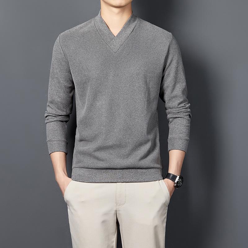 Men's V-neck Self-heating Long Sleeve German Velvet Shirt - Warm, Solid Color Autumn/Winter 2021