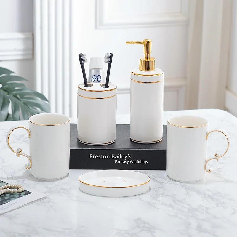 Gilded Ceramic Bathroom Accessories Set Portable Soap Dispenser Mouth Cup Toothbrush Holder Soap Dish Tray Bathroom Supplies