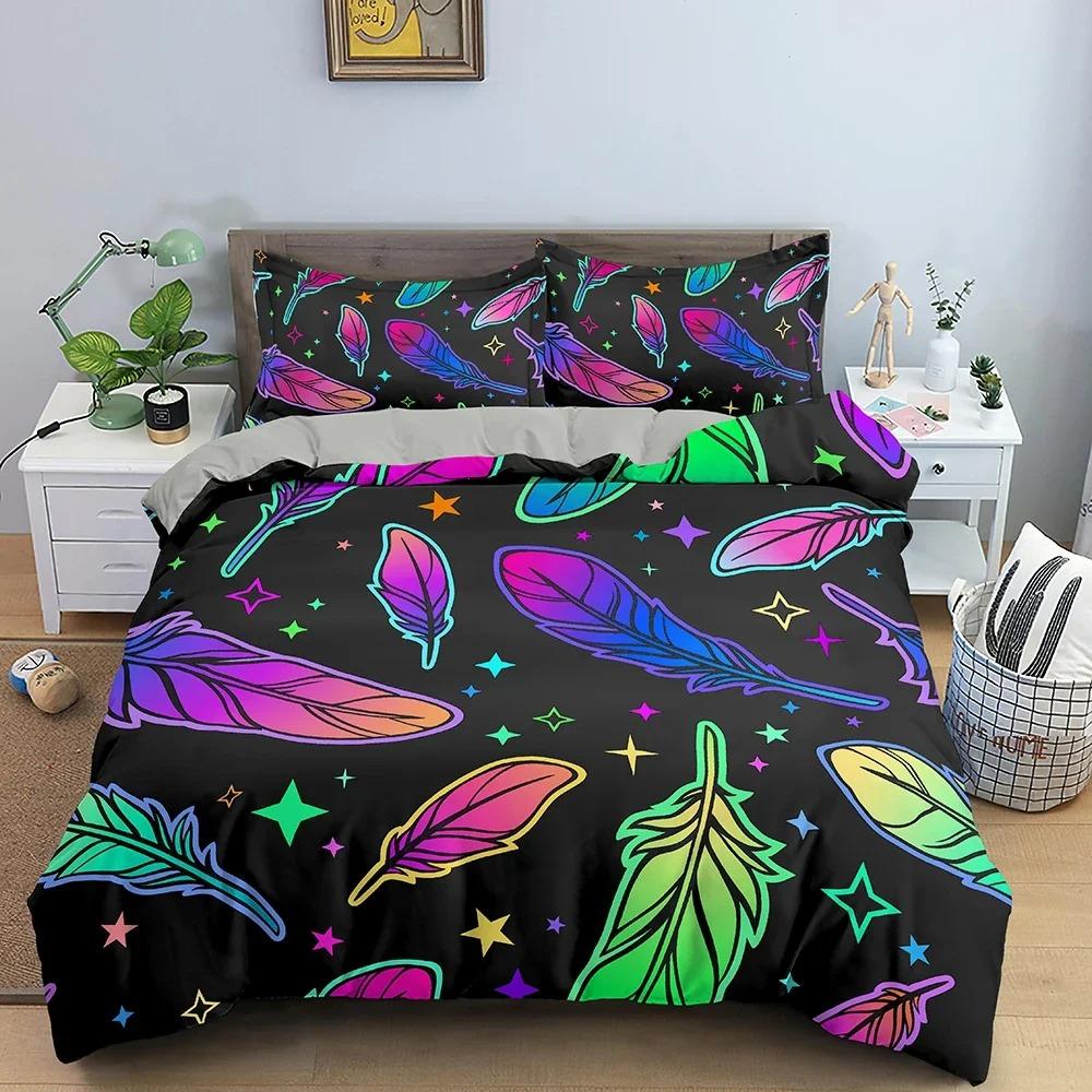 Colorful Feathers Pattern Bedding Set Soft Cozy Duvet Cover Set Luxury King Queen Quilt Cover for Bedroom Decor