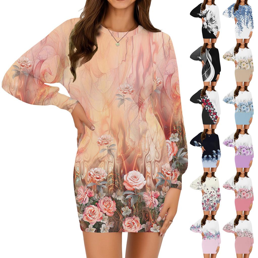 Damenmode Lässiges Rundhals Langarmkleid