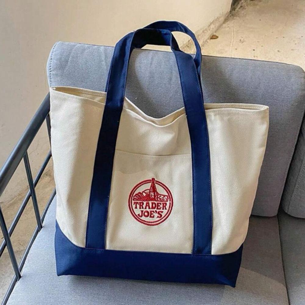 

1 шт. - Большая сумка-тоут для покупок Trader Joe Хлопчатобумажный холст Вышитая сумка