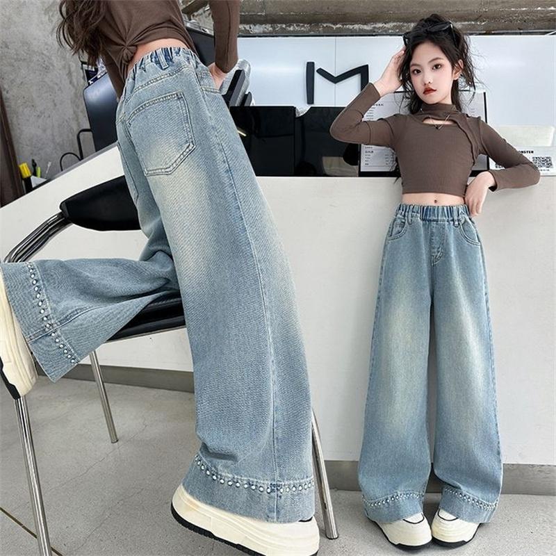 Teen Girls Loose Jeans Children Spring Autumn Wide-leg Denim Pants Fashion Kids Straight Trousers Teenager Casual Clothes