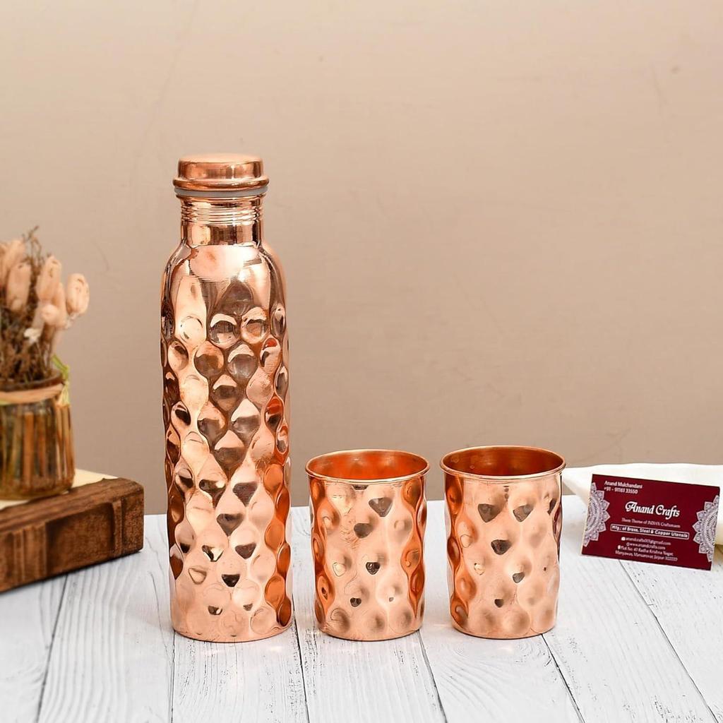 Copper Water Bottle 1 Ltr | Copper Water Bottle with Glass Set | Meena Work | 100% Pure | Leak-Proof | 2 Water Glass 300ml each |