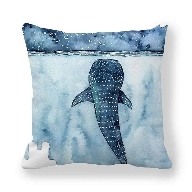 Watercolor Whale Polyester Throw Pillow Cover Sofa Bedside Cushion Pillowcase Ocean Blue Sea Fish Decorative Pillowcases 45X45Cm