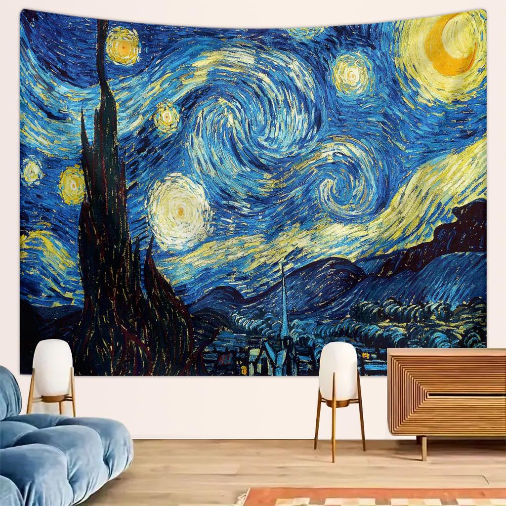 1pc Starry Moon Night Oil Painting Style Tapestry, Retro Starry Sky Universe Moon Tapestry, Bedroom Art Decoration Wall Hanging