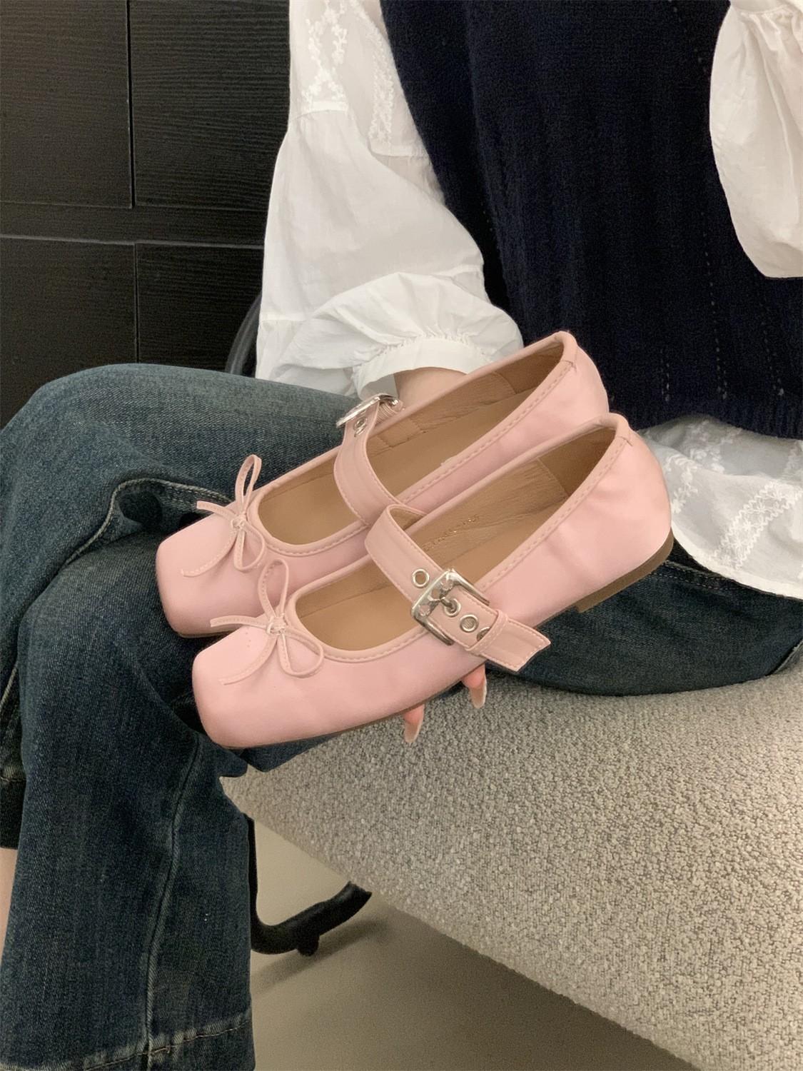 

French square head pink ballet single shoes women s shoes 2025 new spring and autumn summer bow Mary Jane evening shoes 40