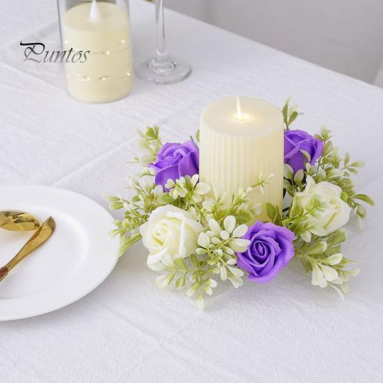 Delicate Candle Topper Artificial Rose Ring Pillar Candles Greenery Flower Wreath Plastic Garland Seasonal for Wedding Centerpiece Holiday Decor