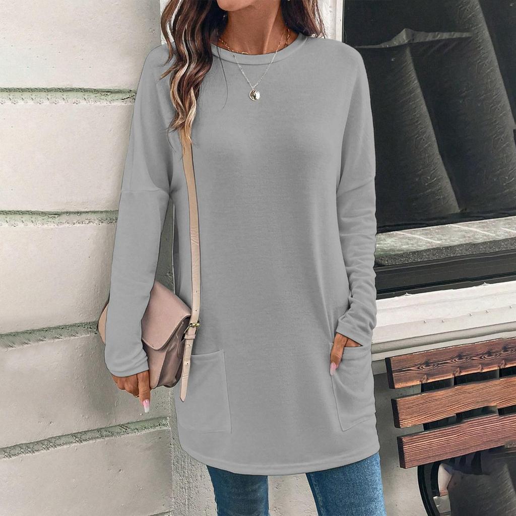 Blusa informal de manga larga con cuello redondo y bolsillos de color liso a la moda para mujer