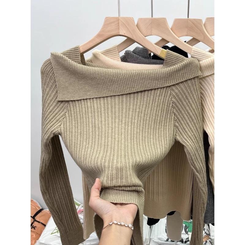 Lapel One-word Shoulder Knitted Bottoming Shirt Women's Inner Sweater Autumn and Winter New Design Short Top Women's