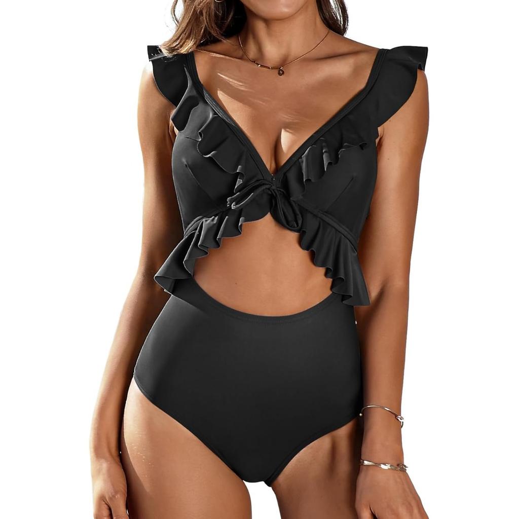 CHARMLEAKS Damen Einteiler Badeanzug mit Rüschen und Cut-Outs, Riemchen-Monokini, Bademode, Badeanzüge